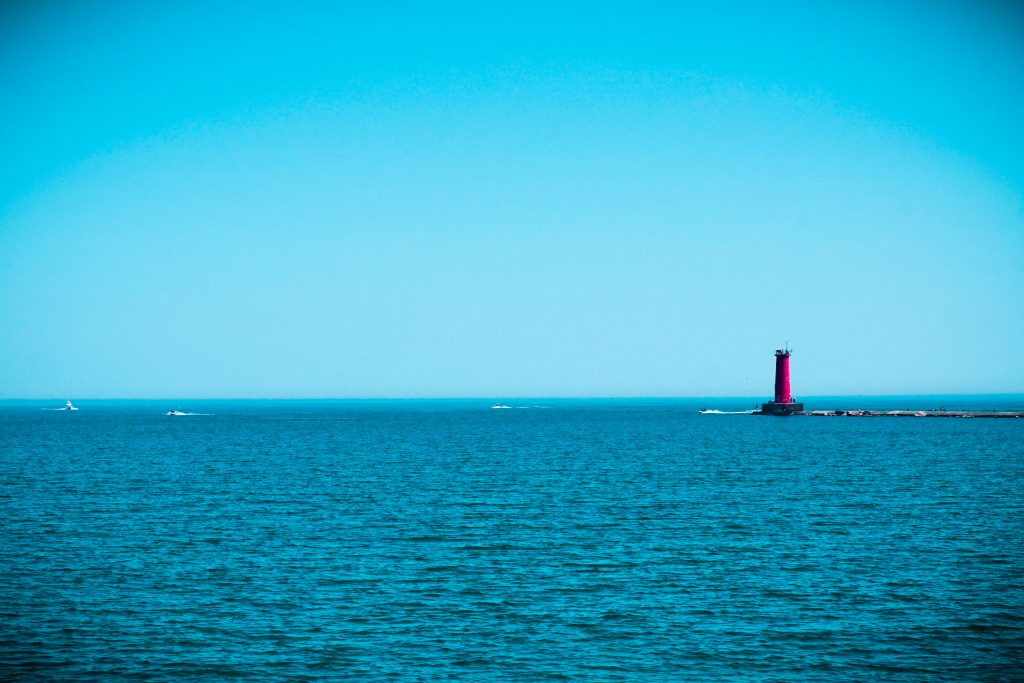 Looking east at the Sheboygan lighthouse from deck of Take Five
