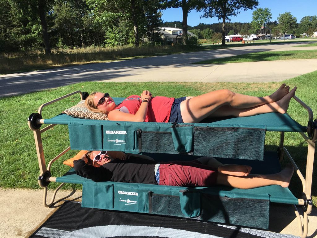 Luke and Emily enjoying the cot bunks.